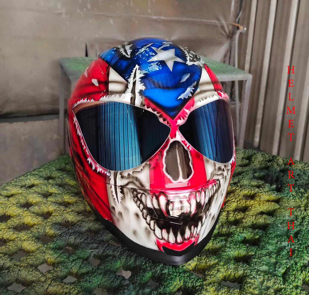 Puerto Rico Flag Skull Custom Motorcycle Helmet 🇵🇷💀🔥