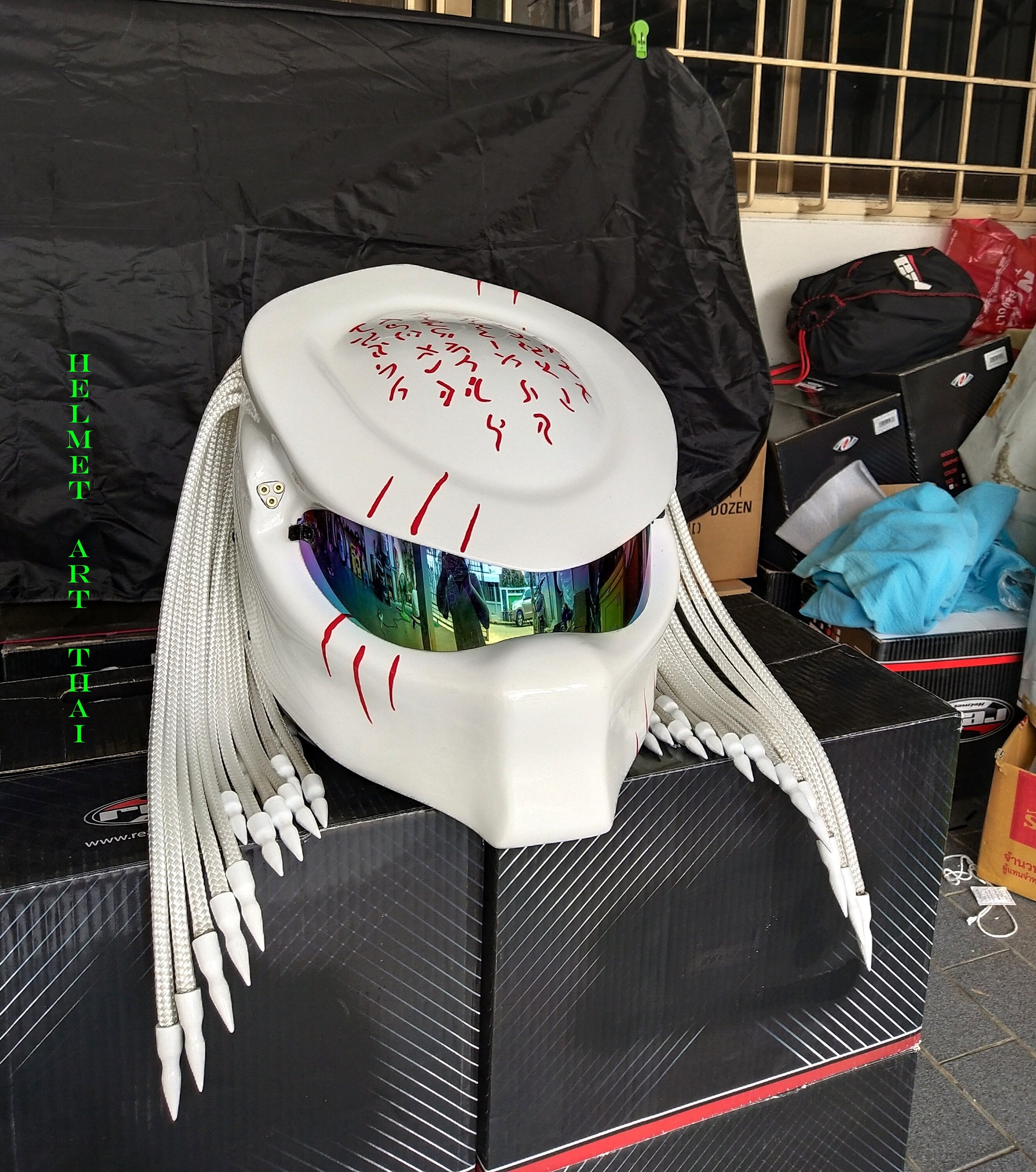 White Predator Custom Motorcycle Helmet 👾✨